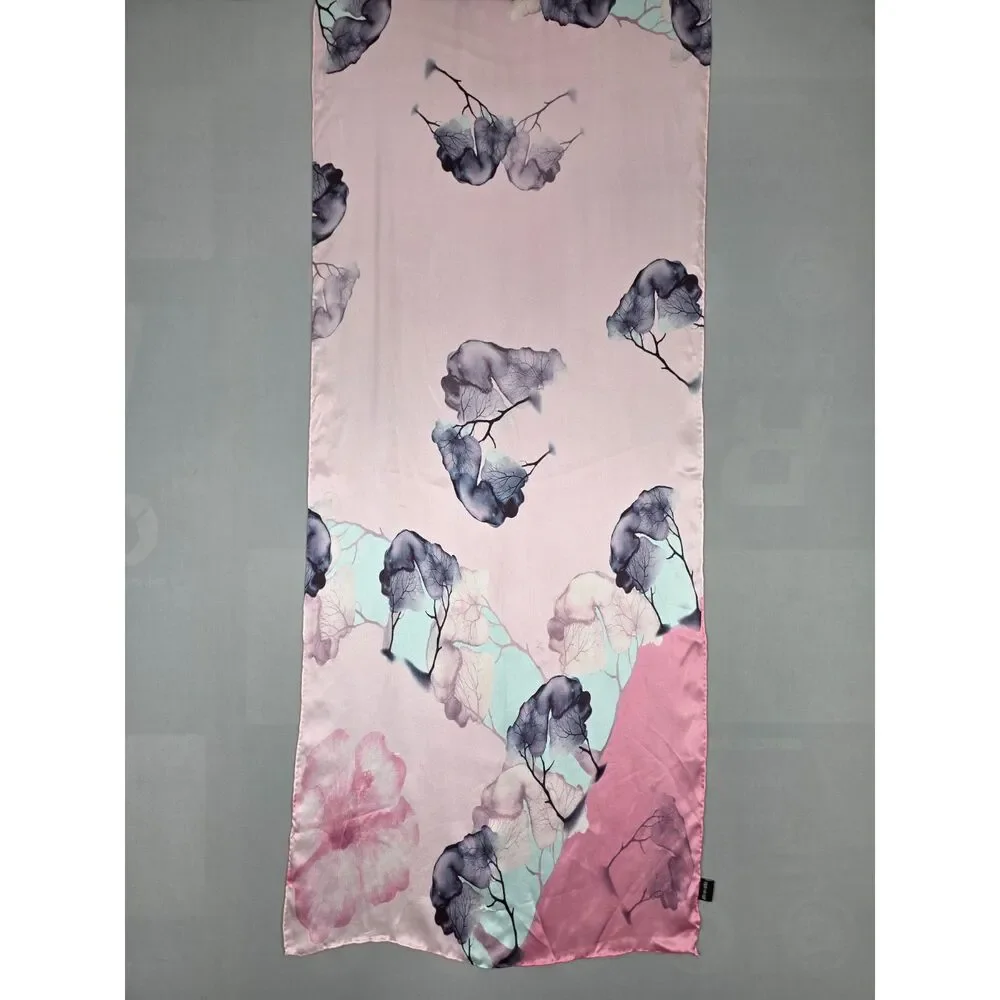 Chinese Silk Scarf Pink Hand Sewn Edges Floral blossom 20.5 x 66 Quiet Luxury